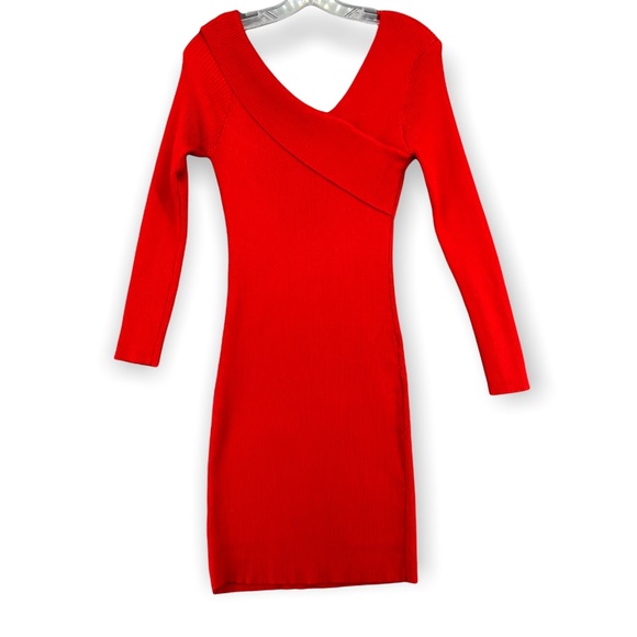 MAIN STRIP V Neck Sweater Dress Red Ribbed Knit Long Sleeve Womens Medium - Picture 1 of 12